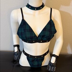 Plaid Green & Navy Lingerie Set with Studded Black Trim